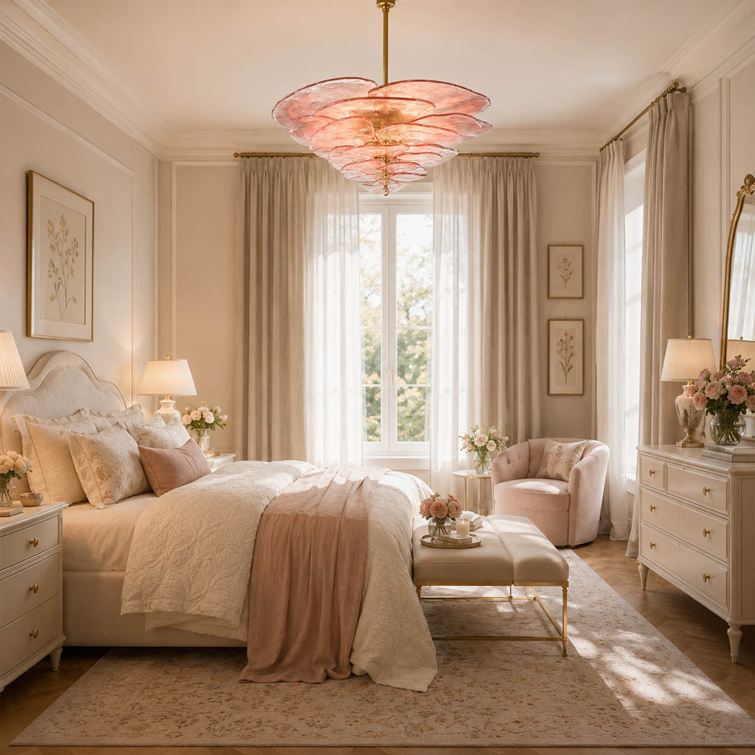 Calanthe small 12 light pink rose Murano petal chandelier primary bedroom dressing room hollywood regency romantic feminine polished gold warm glow lifestyle interior
