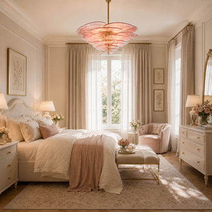 Calanthe small 12 light pink rose Murano petal chandelier primary bedroom dressing room hollywood regency romantic feminine polished gold warm glow lifestyle interior
