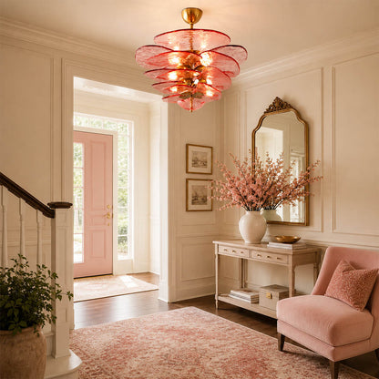 Calanthe large 20 light clear Murano petal chandelier grand foyer mansion modern art deco double height statement polished gold warm glow lifestyle interior