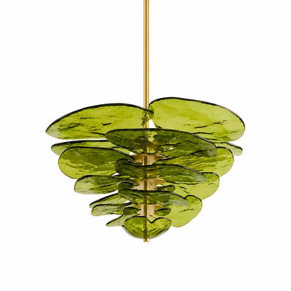 Calanthe petal bloom Murano glass chandelier medium 32 inch 16 light verdant sage green polished gold Italian hand blown flower form botanical modern white background