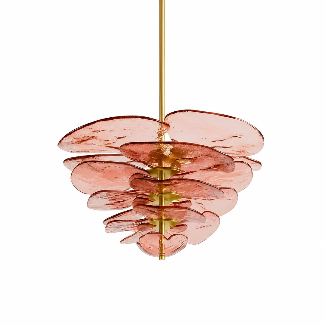 Calanthe petal bloom Murano glass chandelier small 26 inch 12 light pink rose polished gold Italian hand blown flower form modern art deco hollywood regency white background