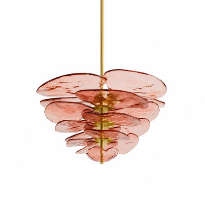 Calanthe petal bloom Murano glass chandelier small 26 inch 12 light pink rose polished gold Italian hand blown flower form modern art deco hollywood regency white background