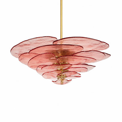 Calanthe petal bloom Murano glass chandelier large 35 inch 20 light Pink grand statement polished gold Italian hand blown flower form modern art deco mansion white background