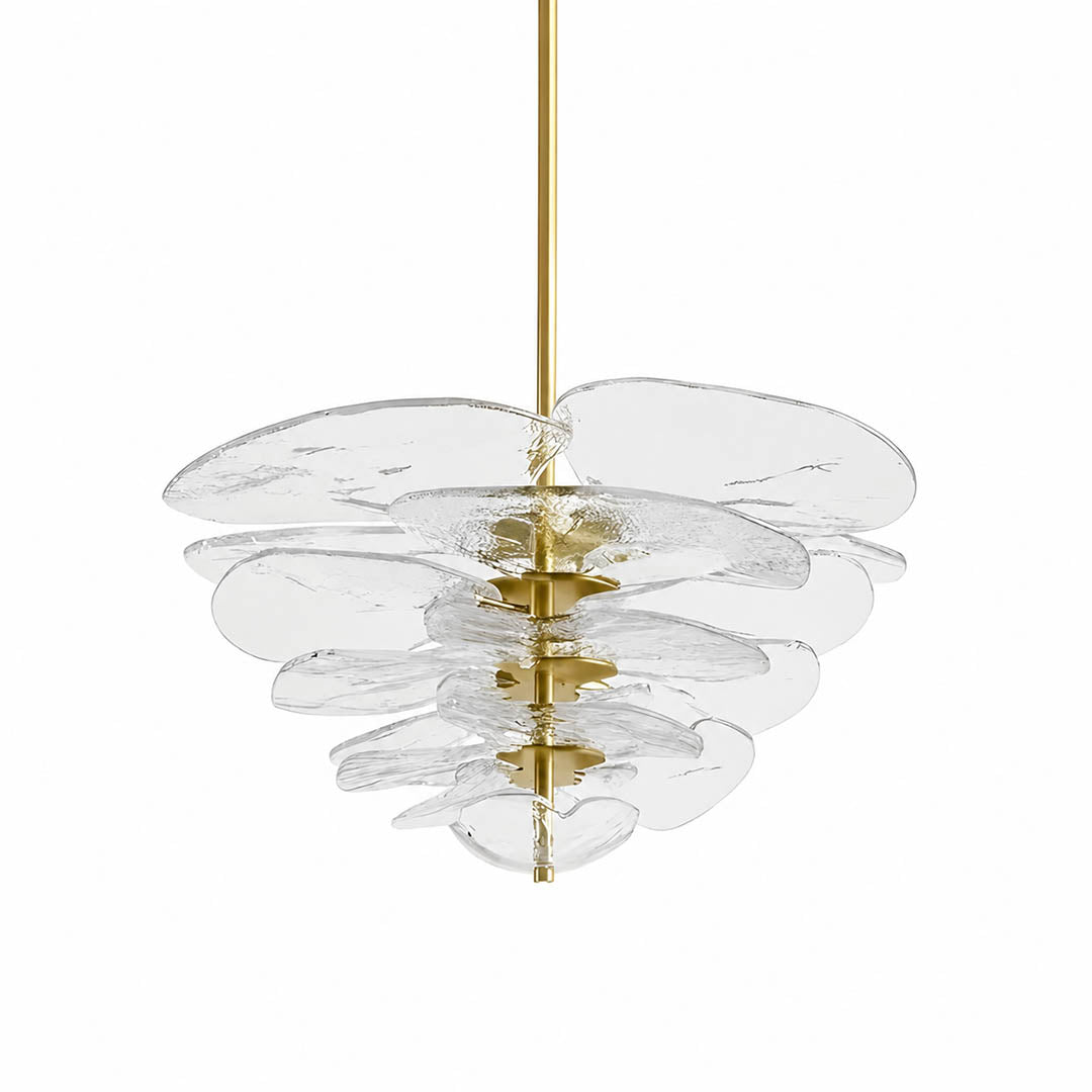 Calanthe petal bloom Murano glass chandelier medium 32 inch 16 light clear polished gold hand blown Italian flower form tiered modern art deco white background