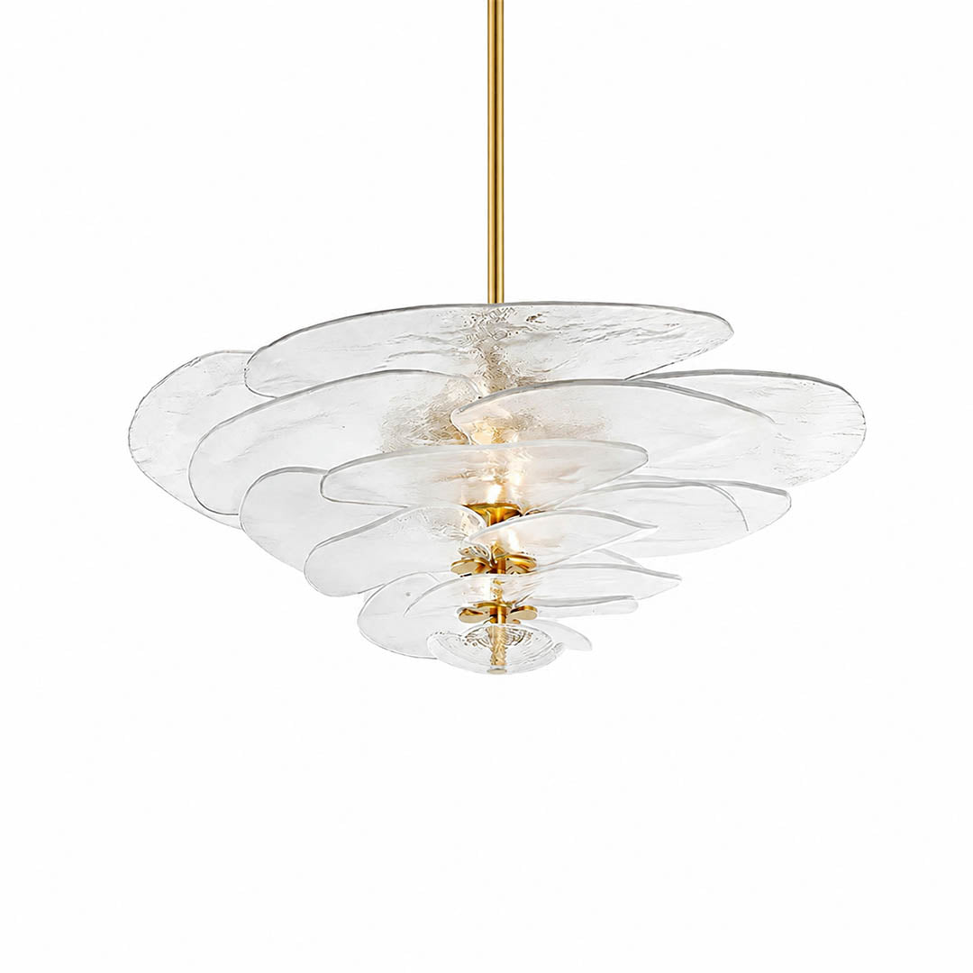 Calanthe petal bloom Murano glass chandelier large 35 inch 20 light clear grand statement polished gold Italian hand blown flower form modern art deco mansion white background