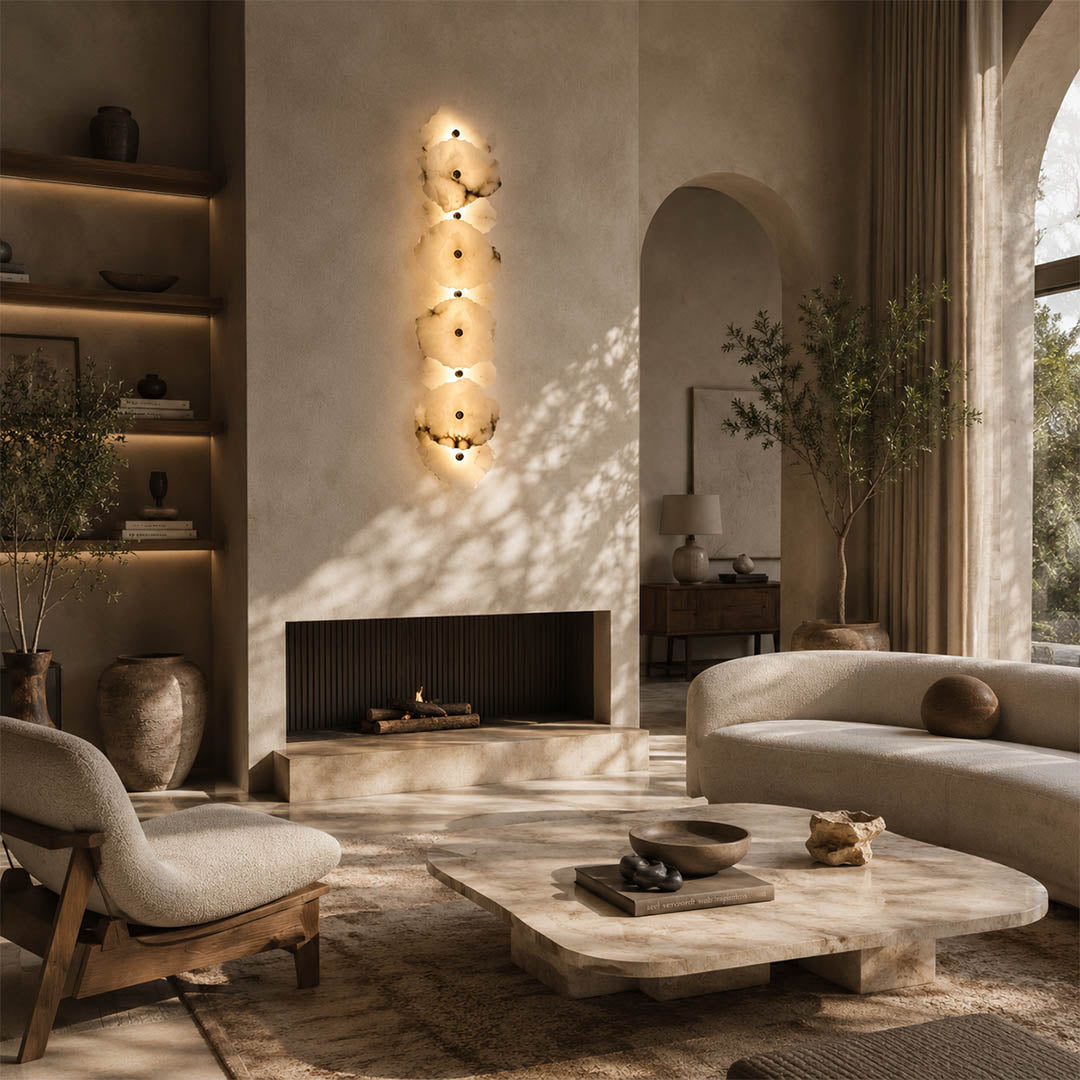 Calcaria alabaster wall light staircase stairwell wall linear heads natural stone gold warm glow American home lifestyle interior
