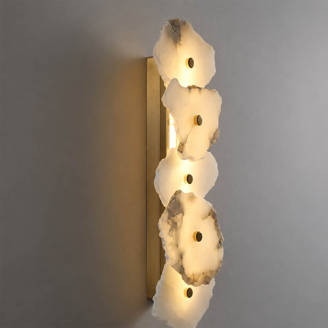 Calcaria alabaster wall light natural stone organic veining unique pattern detail close up translucent craftsmanship
