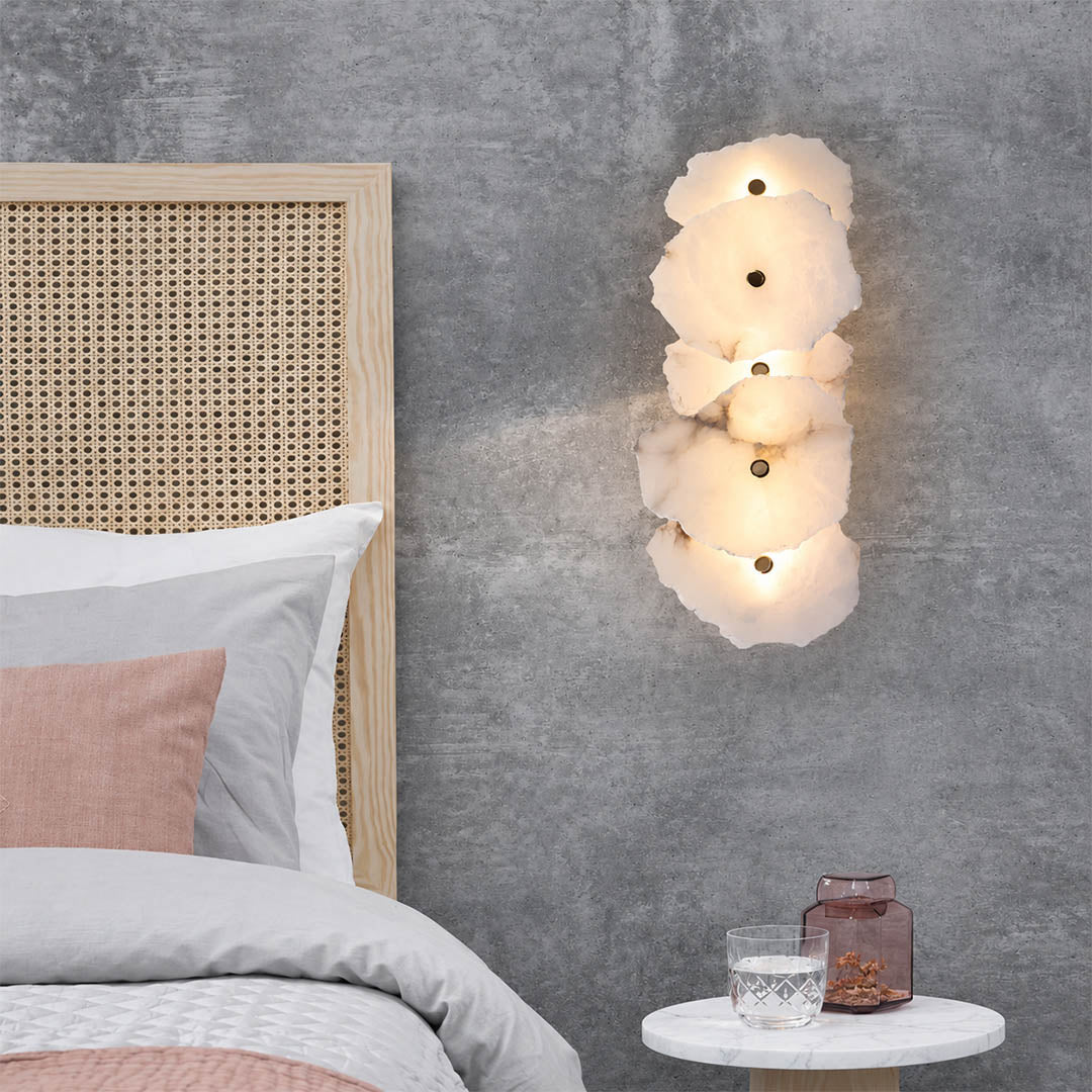Calcaria alabaster wall light bedroom bedside single head natural stone gold warm glow quiet luxury American home lifestyle interior
