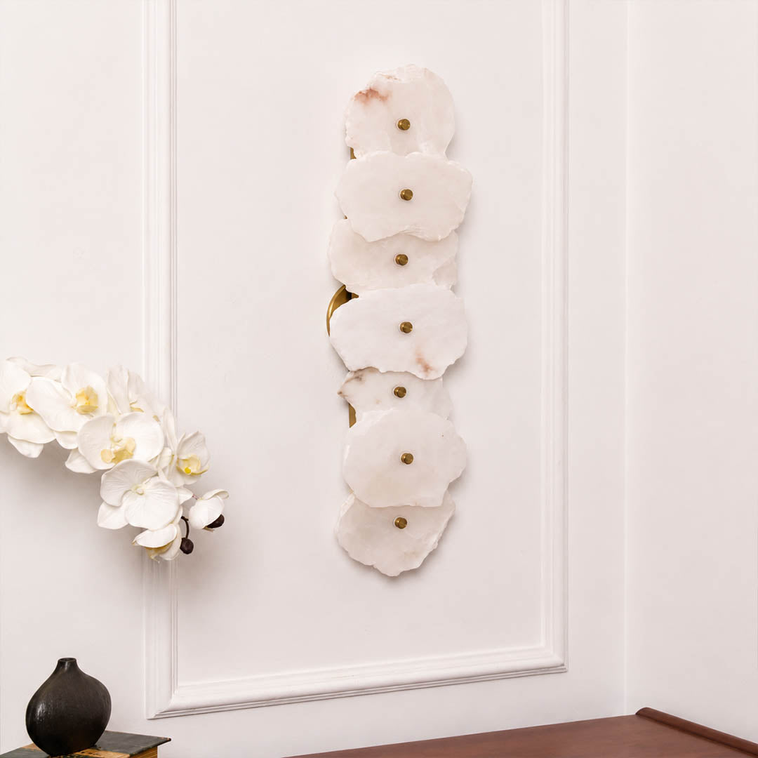 Calcaria alabaster wall light natural stone organic veining unique pattern detail close up translucent craftsmanship