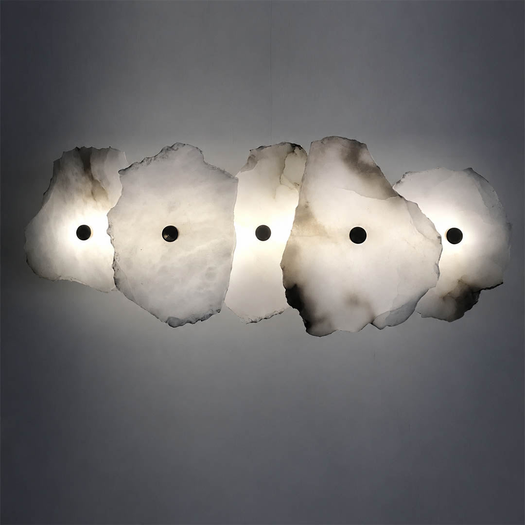 Calcaria alabaster wall light natural stone organic veining unique pattern detail close up translucent craftsmanship