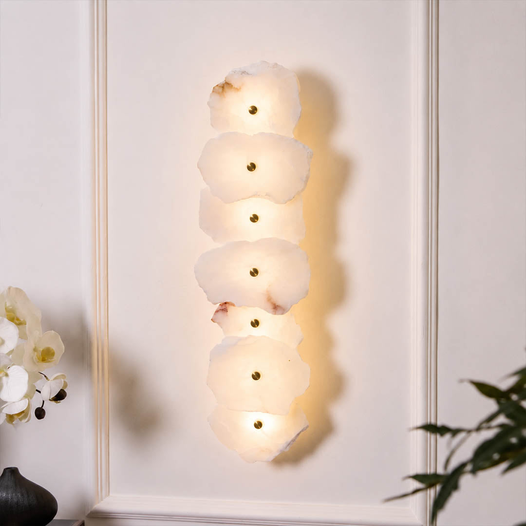 Calcaria alabaster wall light entryway foyer natural stone gold warm welcoming modern American home lifestyle interior styled