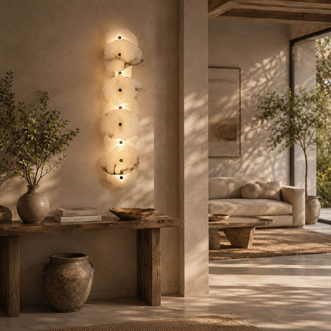 Calcaria alabaster wall light entryway foyer natural stone gold warm welcoming modern American home lifestyle interior styled