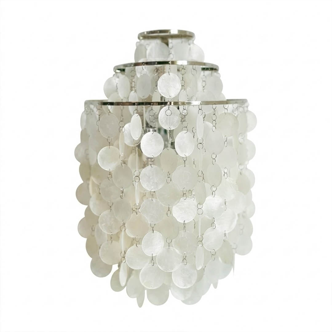 Calia FUN WM style shell wall sconce Chrome 15 inch large statement Mid Century designer Verner Panton Capiz shells half moon wall mount white background