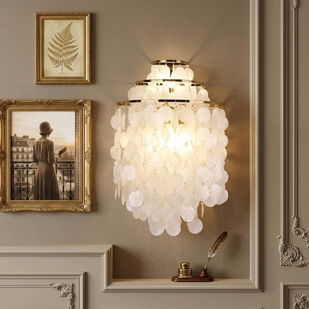 Calia Gold 15 inch FUN WM style shell wall sconce living room sofa above accent coastal Mid Century designer warm glow lifestyle interior