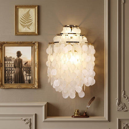 Calia Gold 15 inch FUN WM style shell wall sconce living room sofa above accent coastal Mid Century designer warm glow lifestyle interior