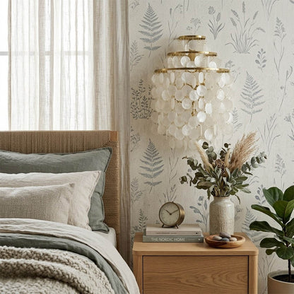 Calia Gold 11 inch FUN WM style shell wall sconce bedroom bedside pair symmetrical primary master Coastal Mid Century designer warm glow lifestyle interior