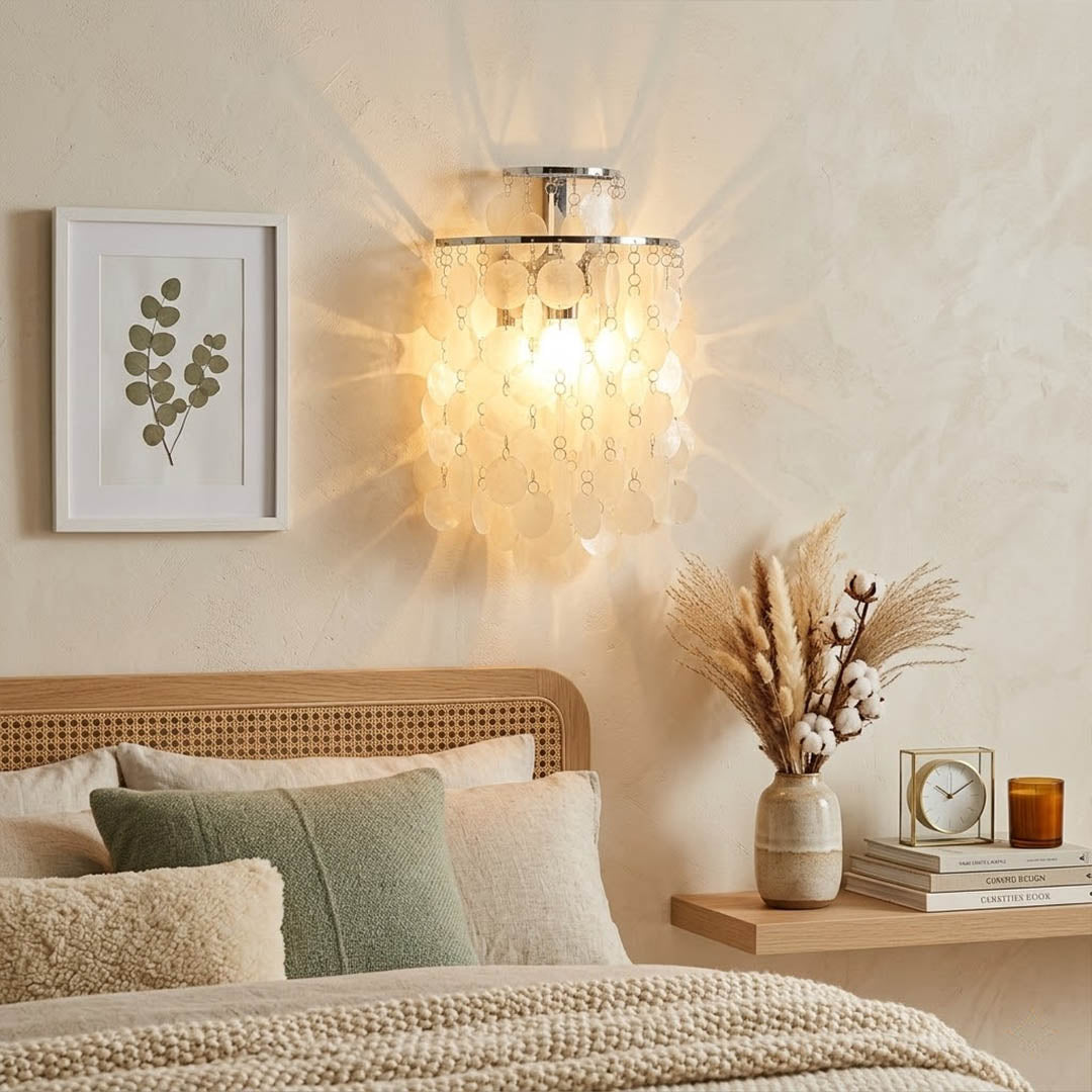 Calia Gold 11 inch FUN WM style shell wall sconce bedroom bedside pair symmetrical primary master Coastal Mid Century designer warm glow lifestyle interior