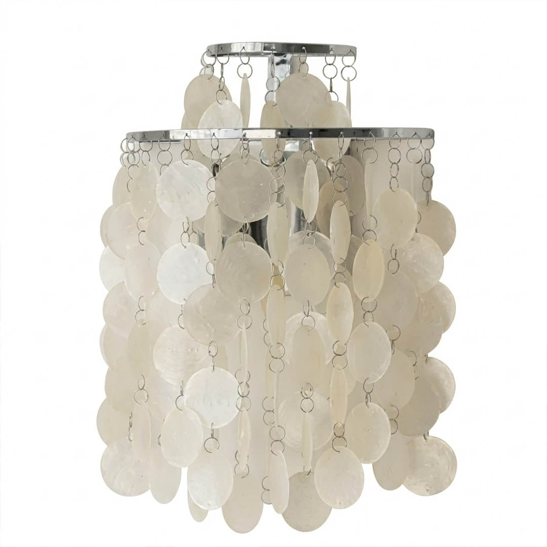 Calia FUN WM style shell wall sconce Chrome polished silver 11 inch Mid Century designer Verner Panton Capiz shells half moon wall mount white background