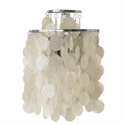 Calia FUN WM style shell wall sconce Chrome polished silver 11 inch Mid Century designer Verner Panton Capiz shells half moon wall mount white background