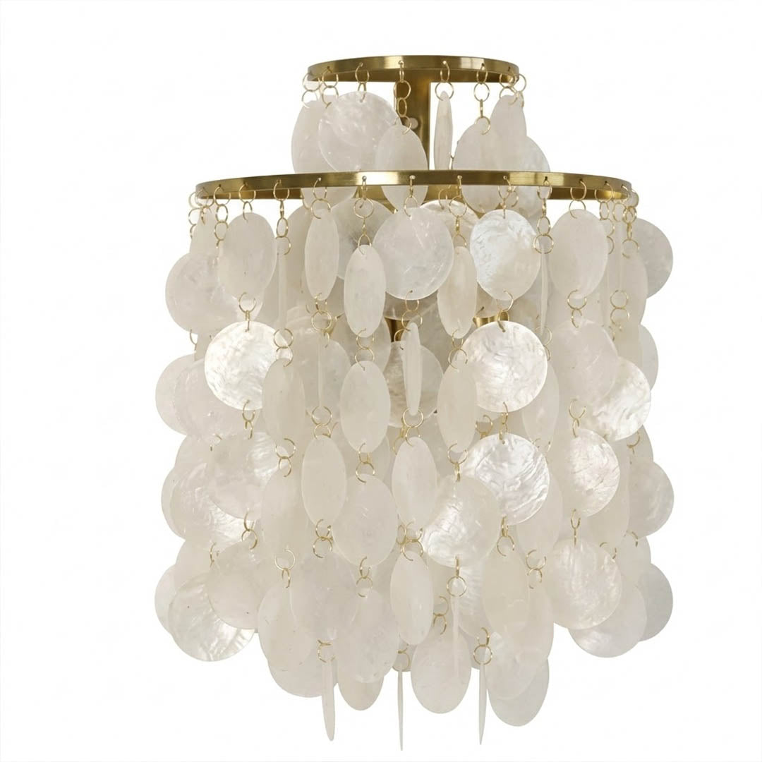 Calia FUN WM style shell wall sconce Gold warm 11 inch Mid Century designer tribute Verner Panton Capiz shells half moon wall mount white background