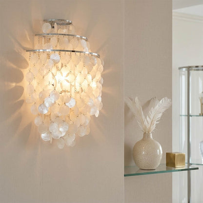 Calia Gold 15 inch FUN WM style shell wall sconce living room sofa above accent coastal Mid Century designer warm glow lifestyle interior