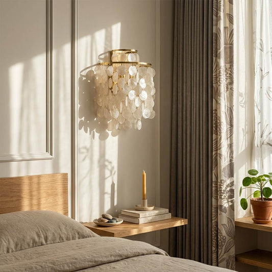 Calia Gold 11 inch FUN WM style shell wall sconce bedroom bedside pair symmetrical primary master Coastal Mid Century designer warm glow lifestyle interior