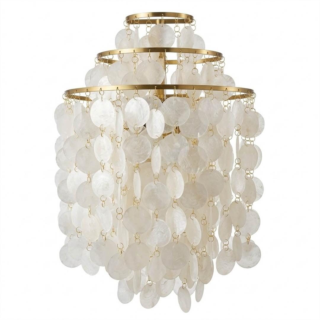Calia FUN WM style shell wall sconce Gold 15 inch large statement Mid Century designer Verner Panton Capiz shells half moon wall mount white background