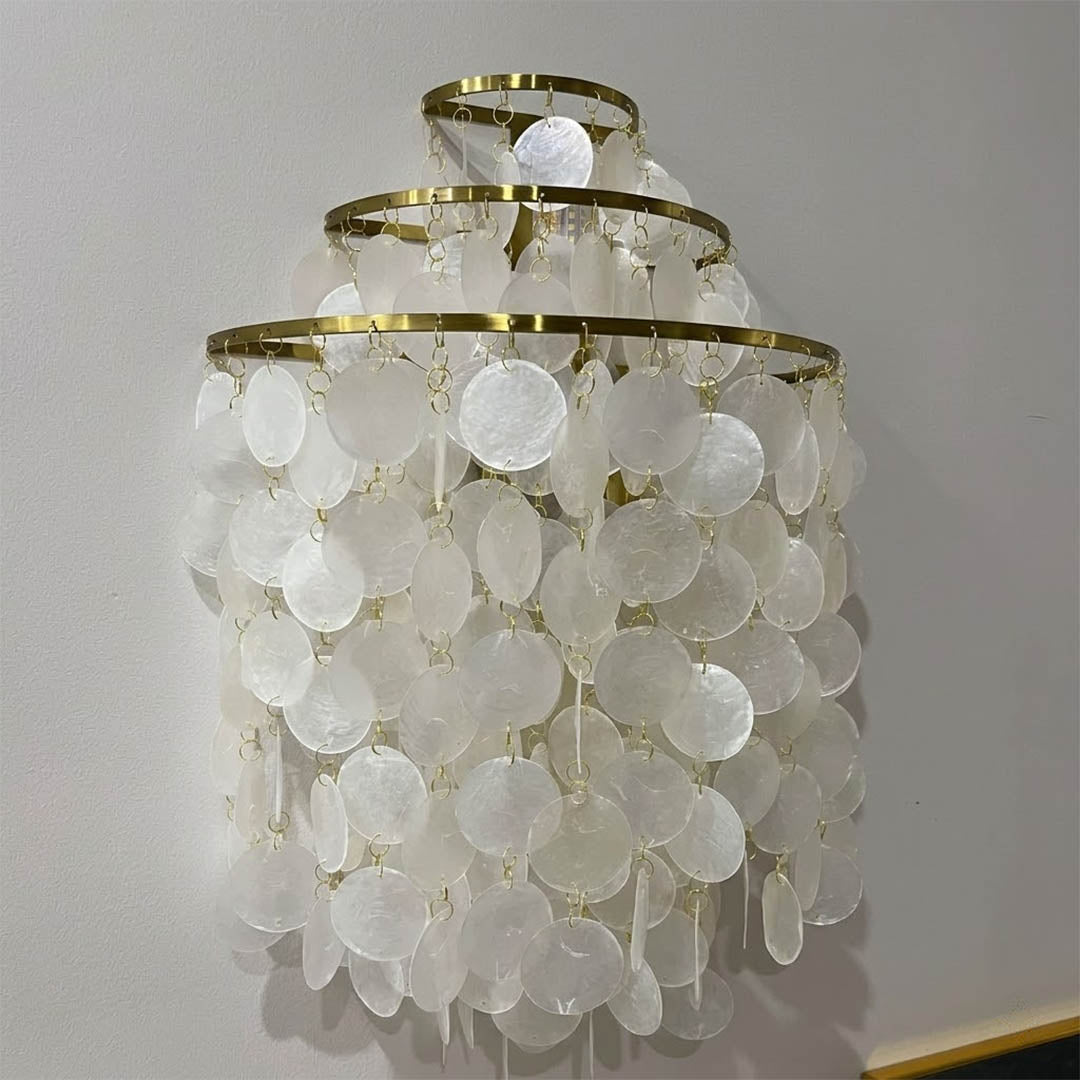Calia wall mount half moon structure Capiz shell craftsmanship detail close up unique design feature FUN WM style Mid Century