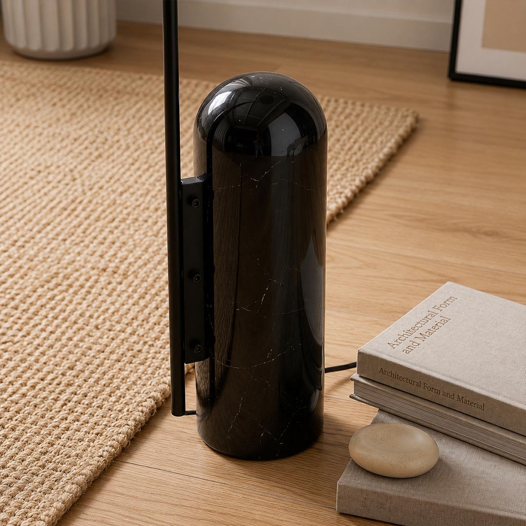 Calla floor lamp polished marble base solid weighty stable premium grounded detail close up material quality luxe