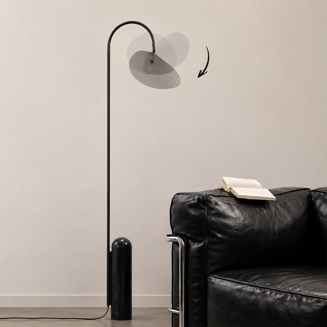 Calla floor lamp adjustable 180 degree rotating head aluminum shade up down left right flexible positioning detail close up functional unique