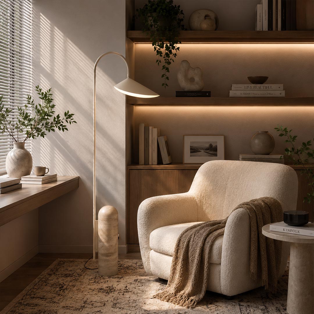 Calla floor lamp beige reading corner beside armchair adjustable calla lily shade warm cozy marble base American home lifestyle interior