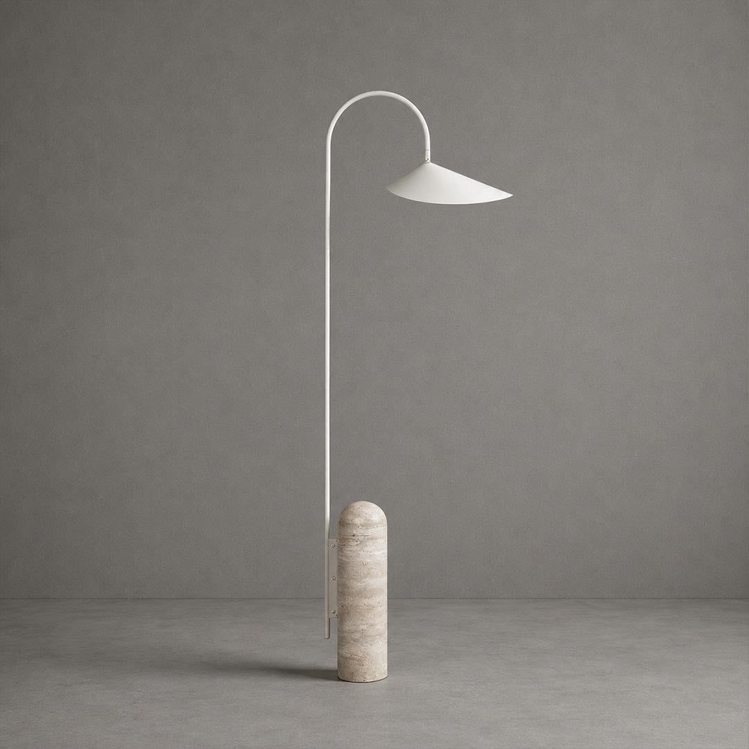 Calla floor lamp beige adjustable calla lily aluminum shade marble base minimalist art deco arched reading white background front view