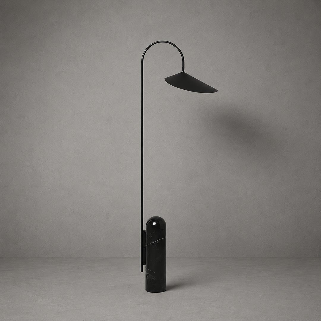 Calla floor lamp black adjustable calla lily aluminum shade marble base minimalist art deco arched reading white background front view