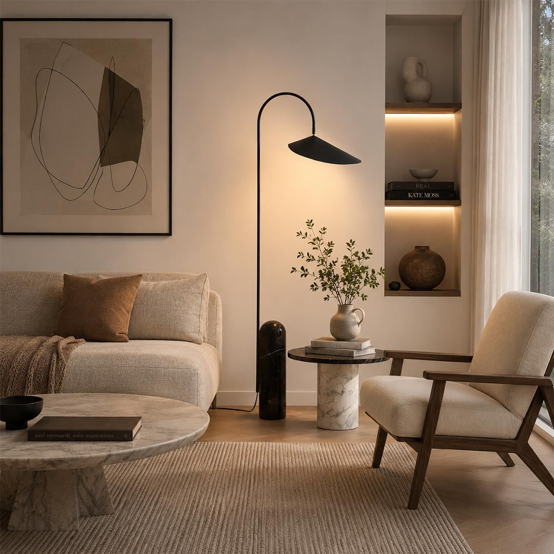 Calla floor lamp black beside sofa living room adjustable arched reading light marble base minimalist glare free American home lifestyle interior