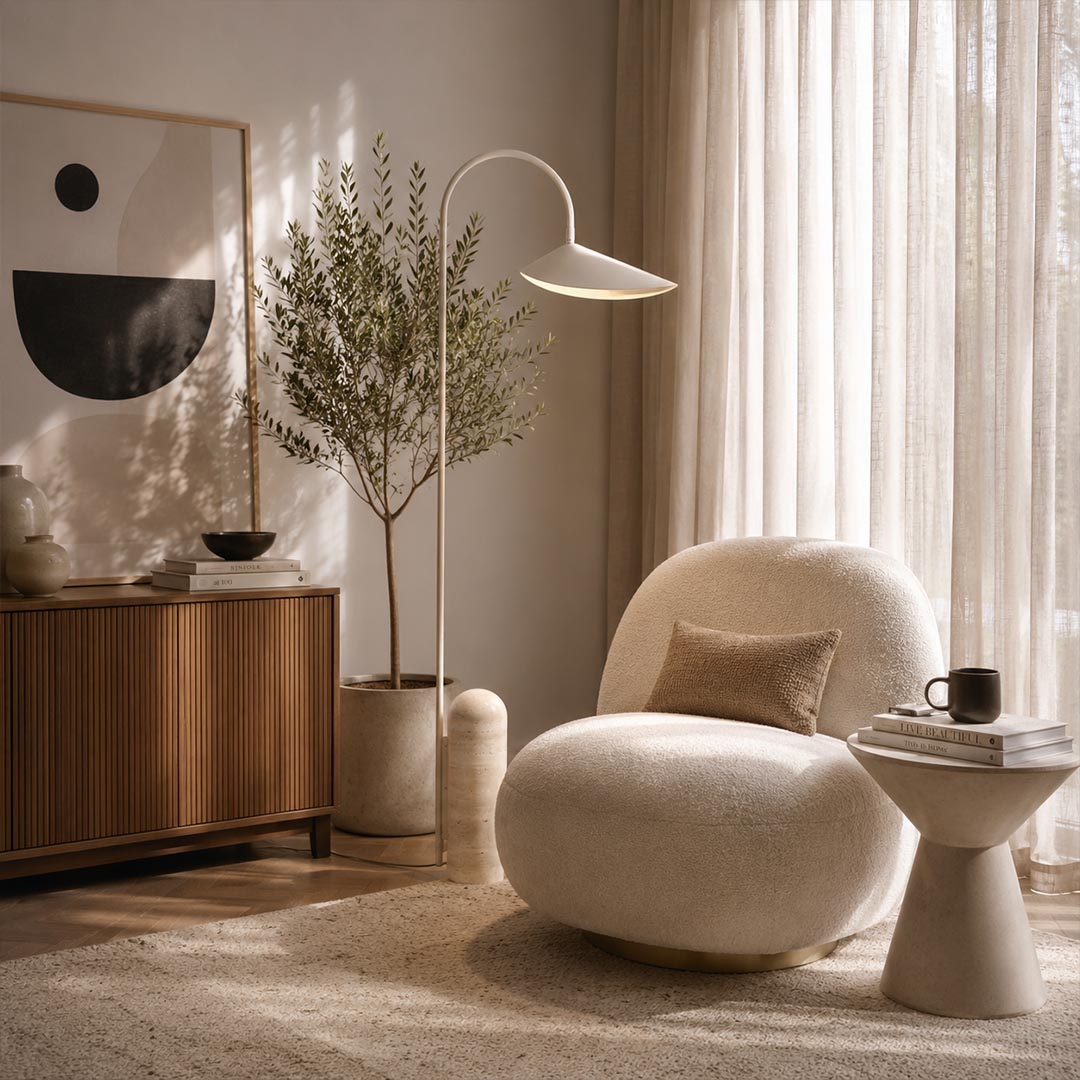 Calla floor lamp beige reading corner beside armchair adjustable calla lily shade warm cozy marble base American home lifestyle interior
