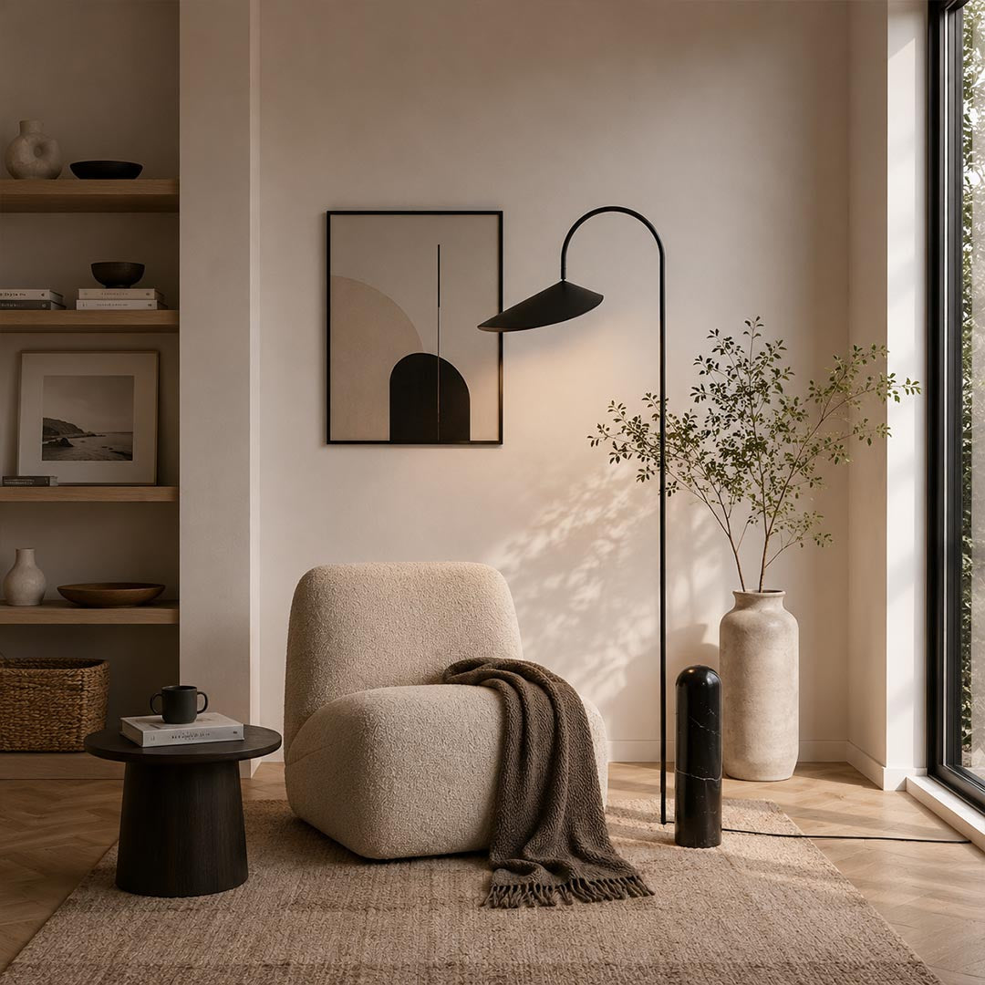 Calla floor lamp beige reading corner beside armchair adjustable calla lily shade warm cozy marble base American home lifestyle interior
