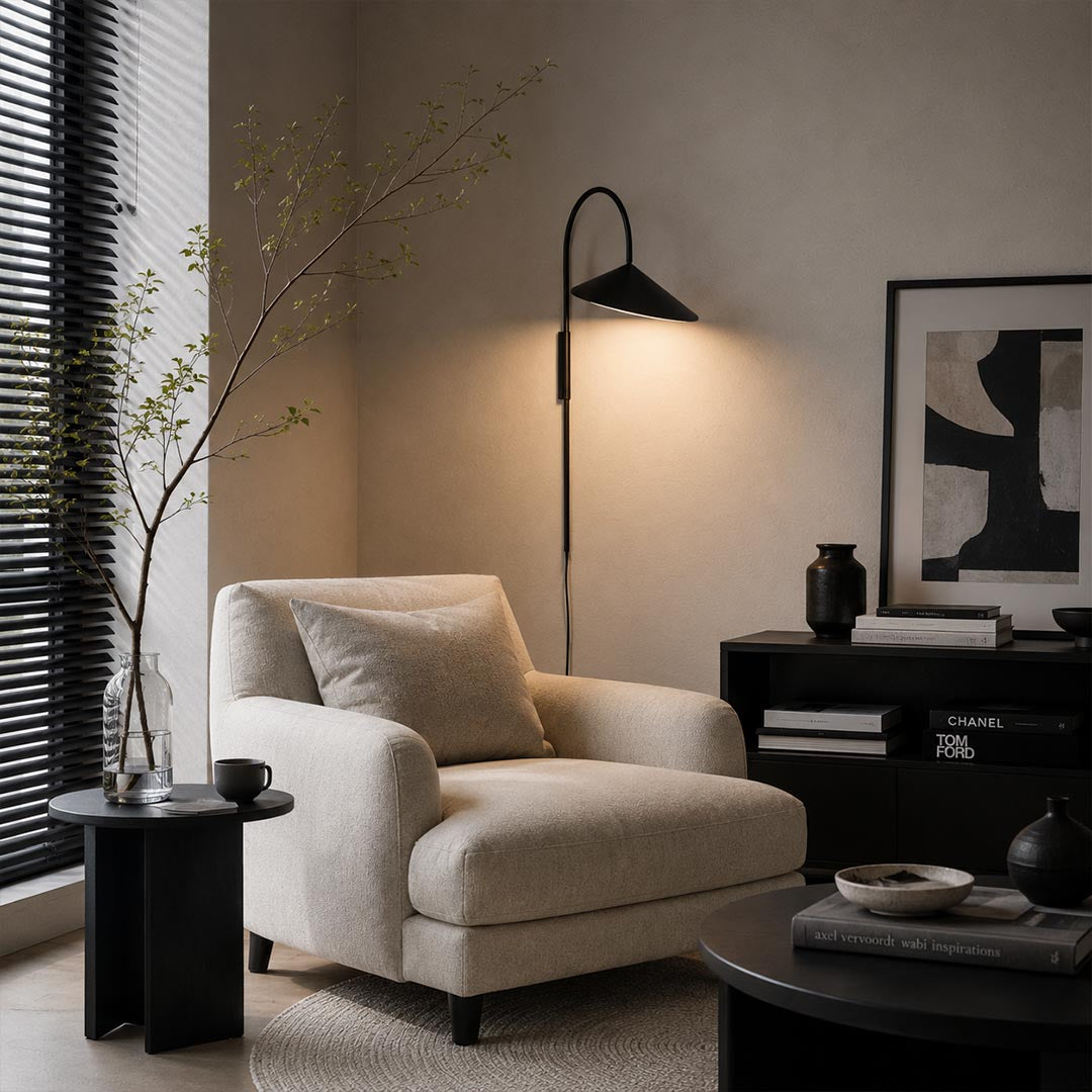 Calla plug-in wall sconce black living room beside sofa adjustable arm reading light modern minimalist marble American home lifestyle interior