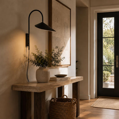 Calla plug-in wall sconce beige tall entryway foyer vertical adjustable modern minimalist marble base American home lifestyle interior