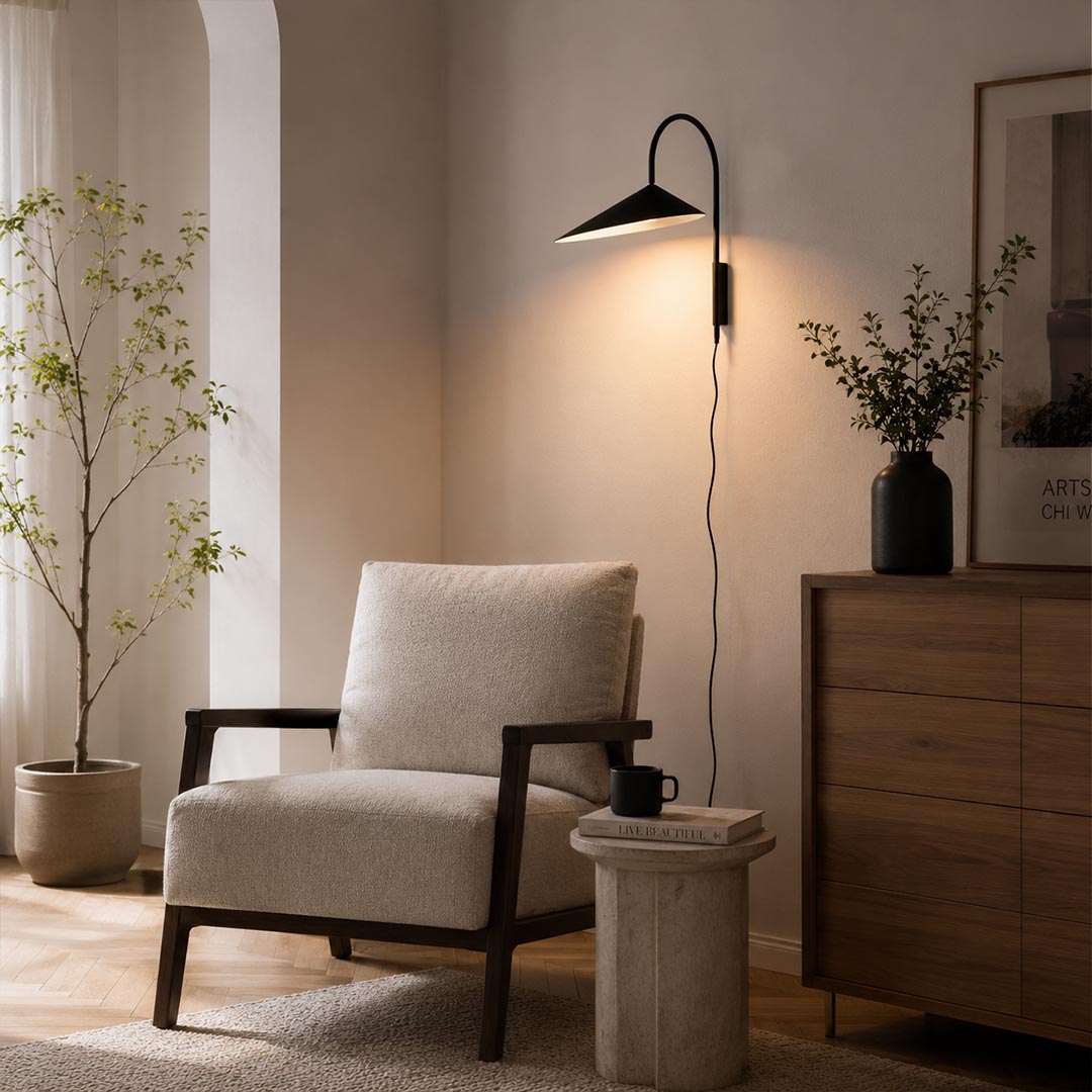 Calla plug-in wall sconce black living room beside sofa adjustable arm reading light modern minimalist marble American home lifestyle interior