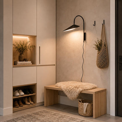 Calla plug-in wall sconce beige tall entryway foyer vertical adjustable modern minimalist marble base American home lifestyle interior