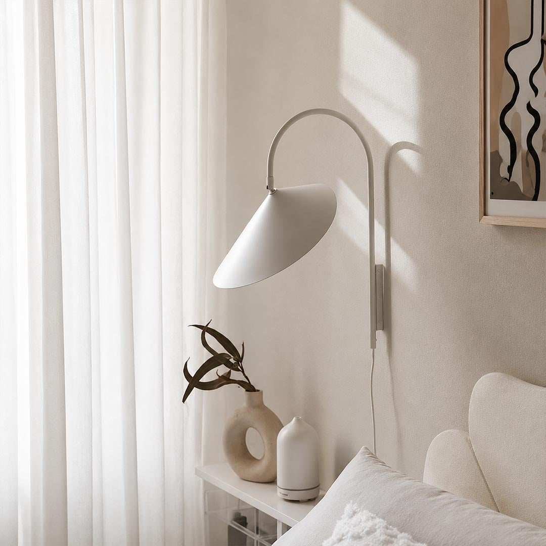 Calla plug-in wall sconce beige single bedside bedroom above nightstand adjustable warm reading light American home lifestyle interior