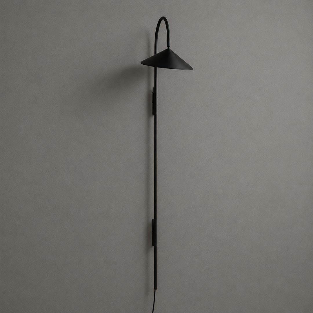 Calla plug-in wall sconce black tall 53 inch adjustable metal arm marble base modern floor length wall light white background front view