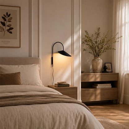 Calla plug-in wall sconce beige single bedside bedroom above nightstand adjustable warm reading light American home lifestyle interior