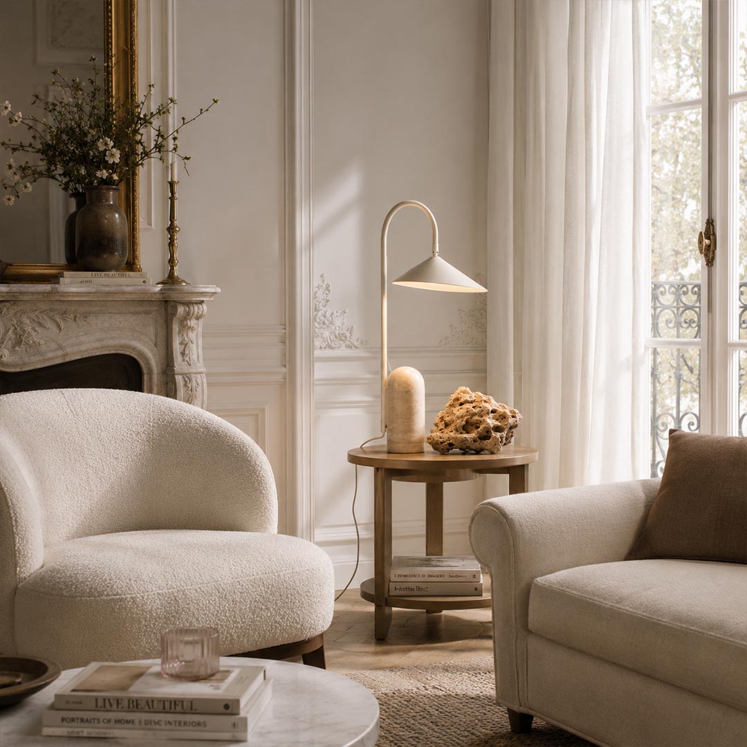 Calla table lamp beige reading corner beside recliner armchair adjustable petal shade marble warm cozy American home lifestyle interior