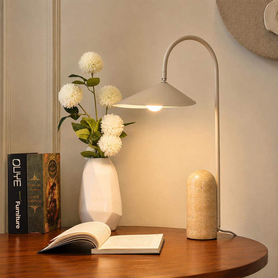 Calla table lamp beige desk study reading adjustable petal shade marble base modern minimalist warm American home lifestyle interior