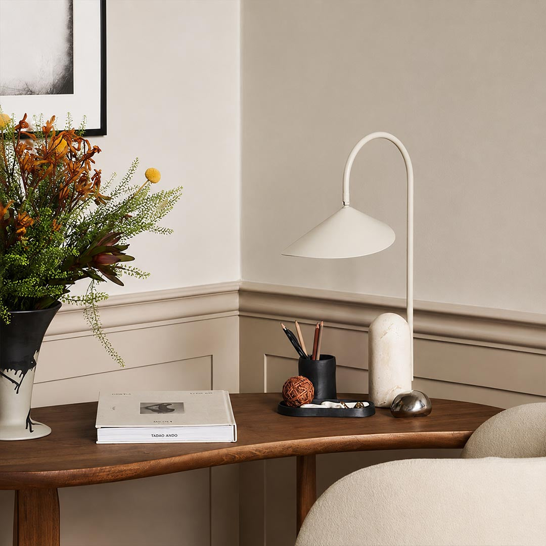 Calla table lamp beige desk study reading adjustable petal shade marble base modern minimalist warm American home lifestyle interior