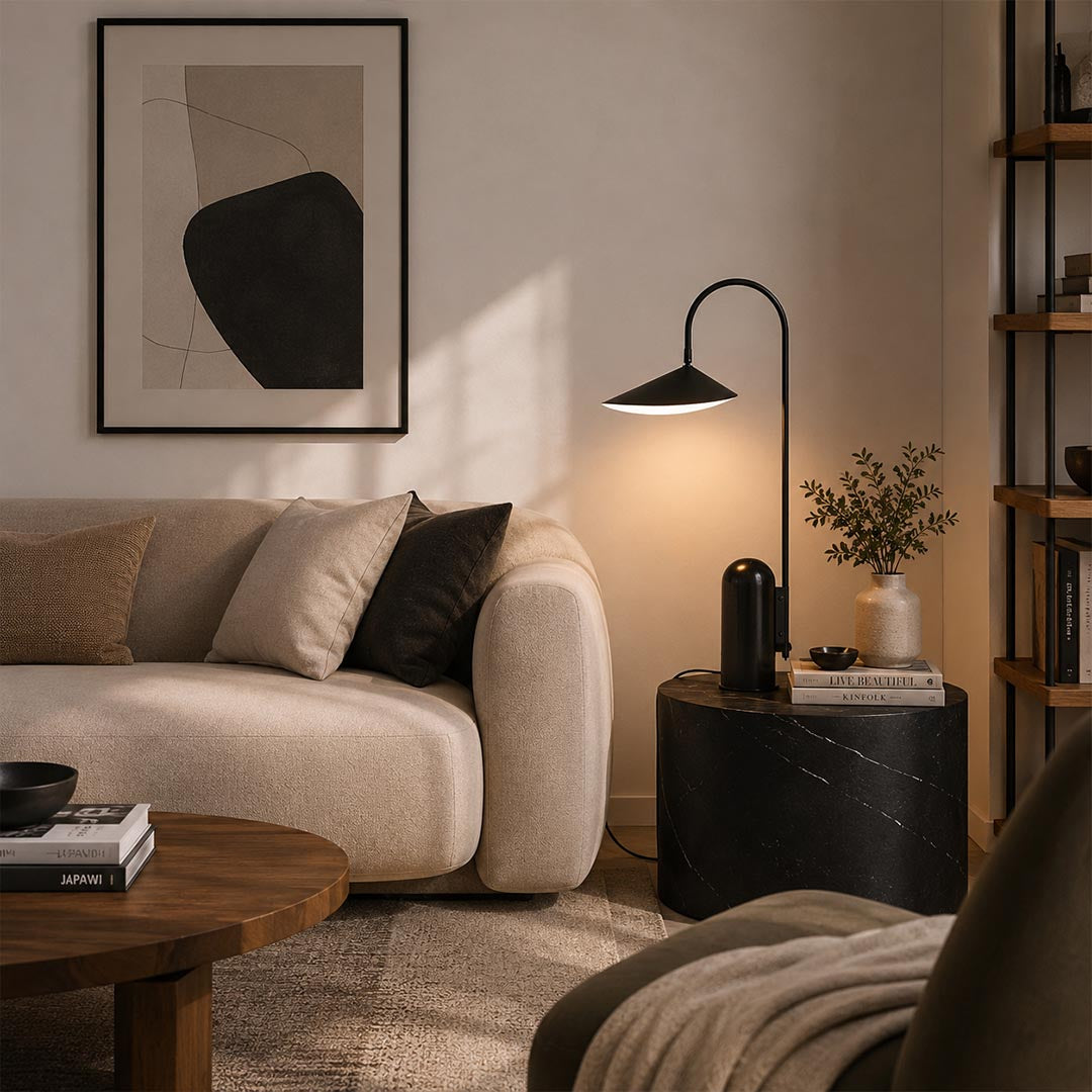 Calla table lamp beige reading corner beside recliner armchair adjustable petal shade marble warm cozy American home lifestyle interior