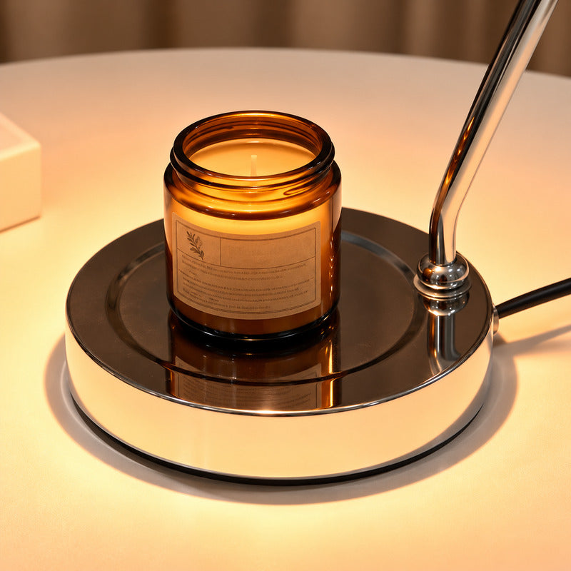 Detail of the electroplated chrome base and candle recess of the Campana candle warmer lamp
