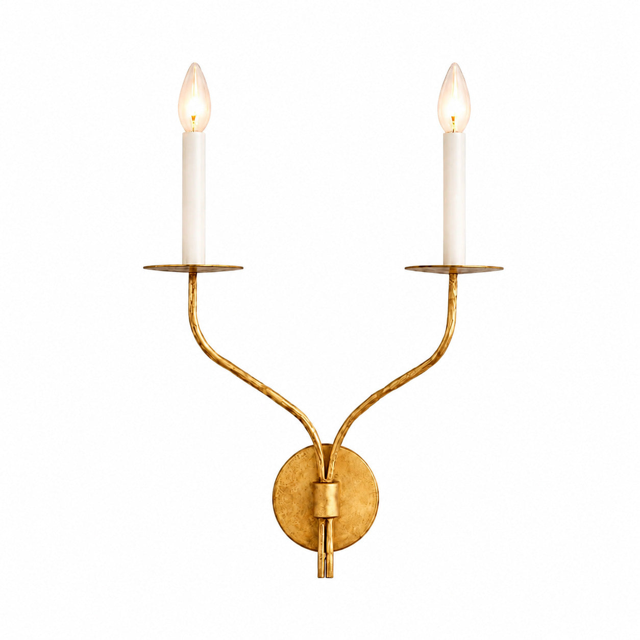 Candela wall sconce aged brass two light candle style curved arms exposed bulb vintage white background