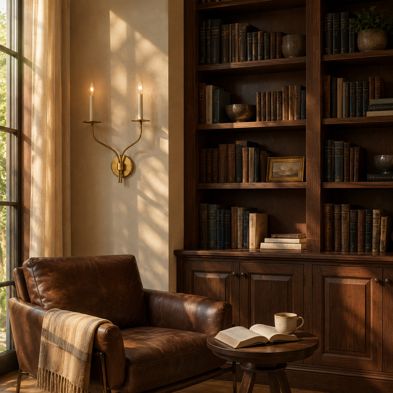 Candela wall sconce study reading nook home office beside shelves warm glow black candle style American home lifestyle interior styled